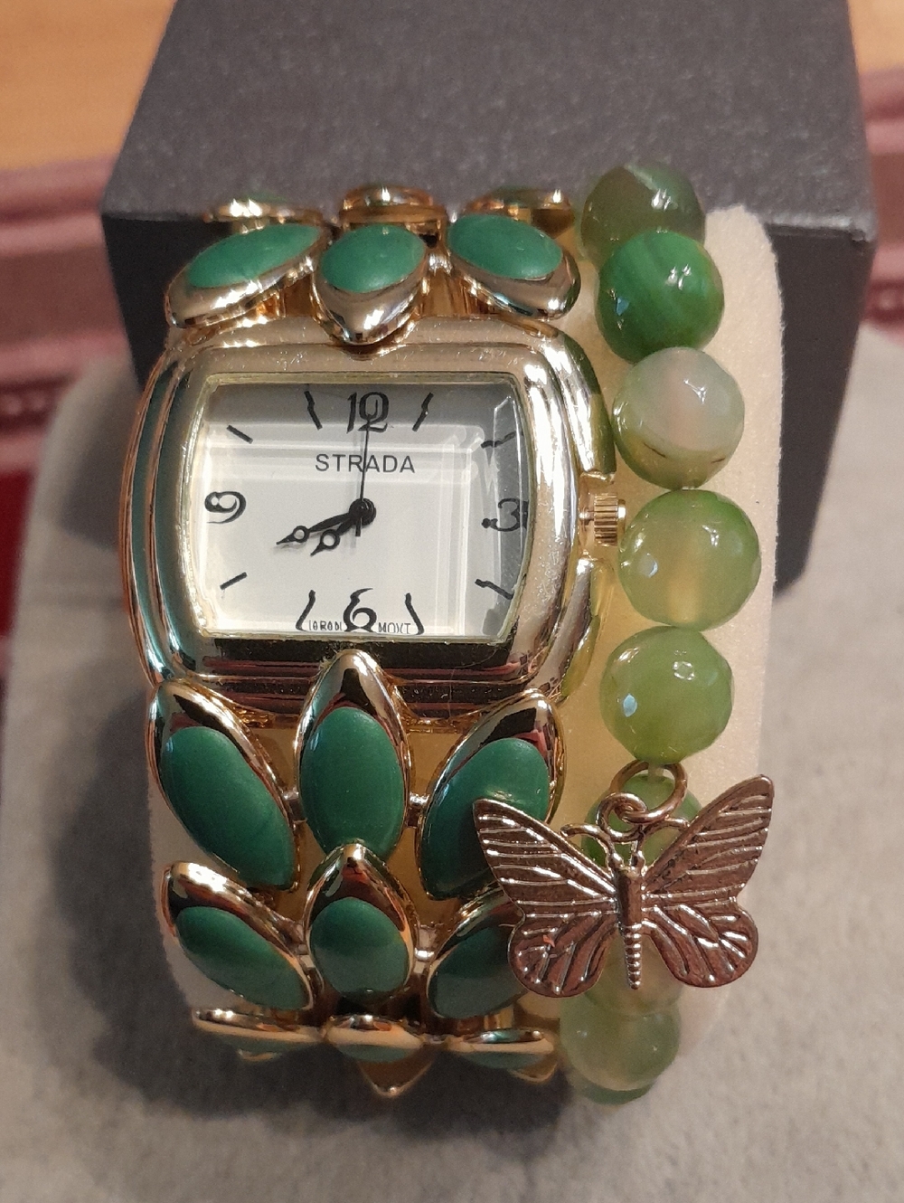 Strada Gold-Tone Watch with Green Enamel Accents and Beaded Bracelet